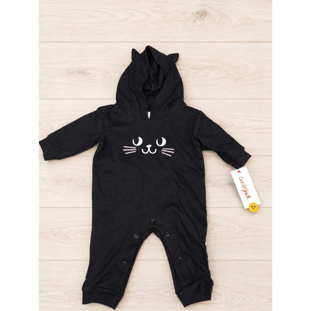 Baby Cat & Jack Black Cat Halloween Hooded Romper 0-3M NWT Kitty Costume